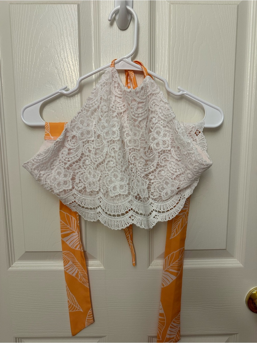 SHEIN White Lace Halter Camisole with Orange Tie Straps